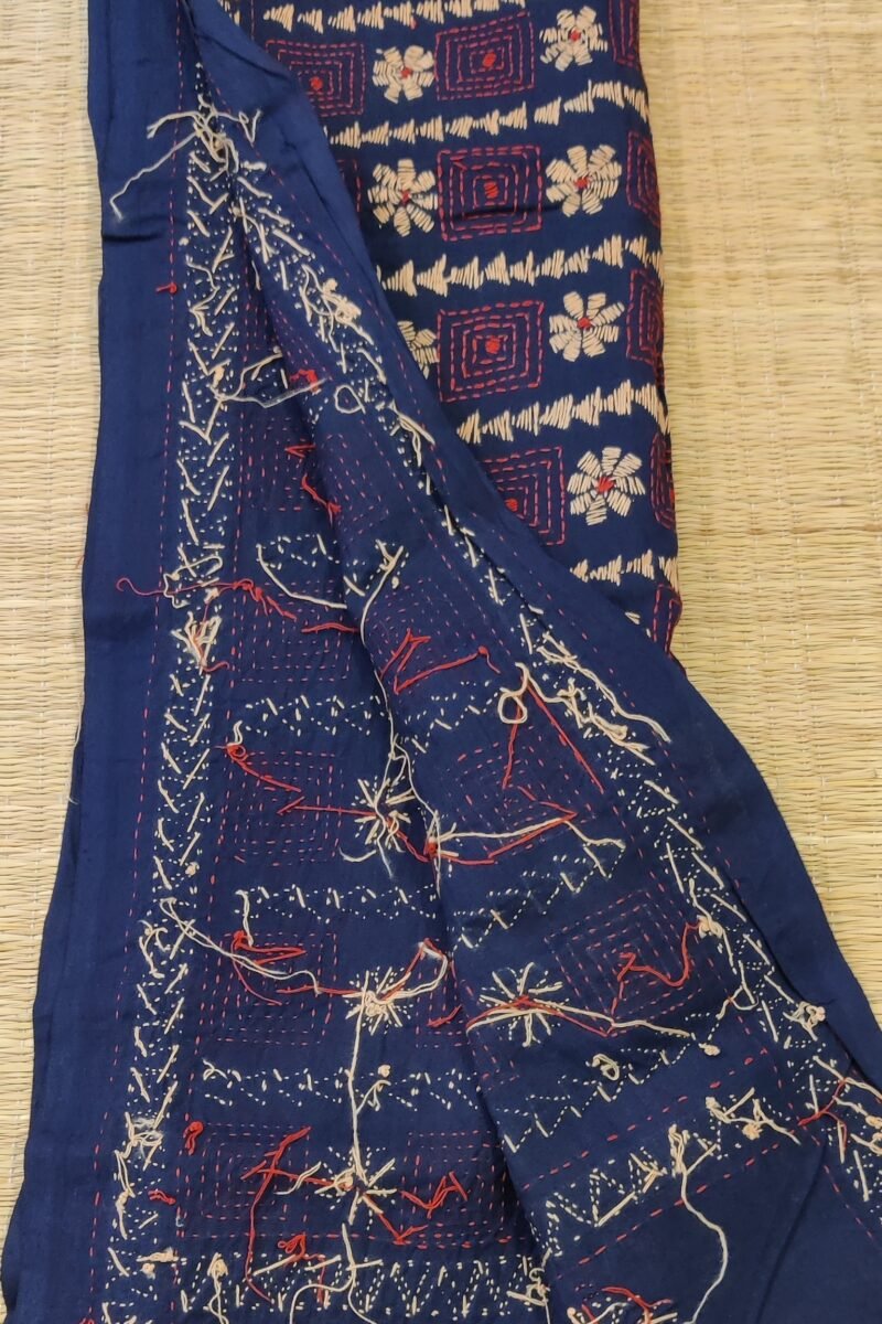 Dreamy Drapes - Navy Blue and Fawn Kantha Cotton Dupatta with Boxed Floral Alternating Motifs - Image 6