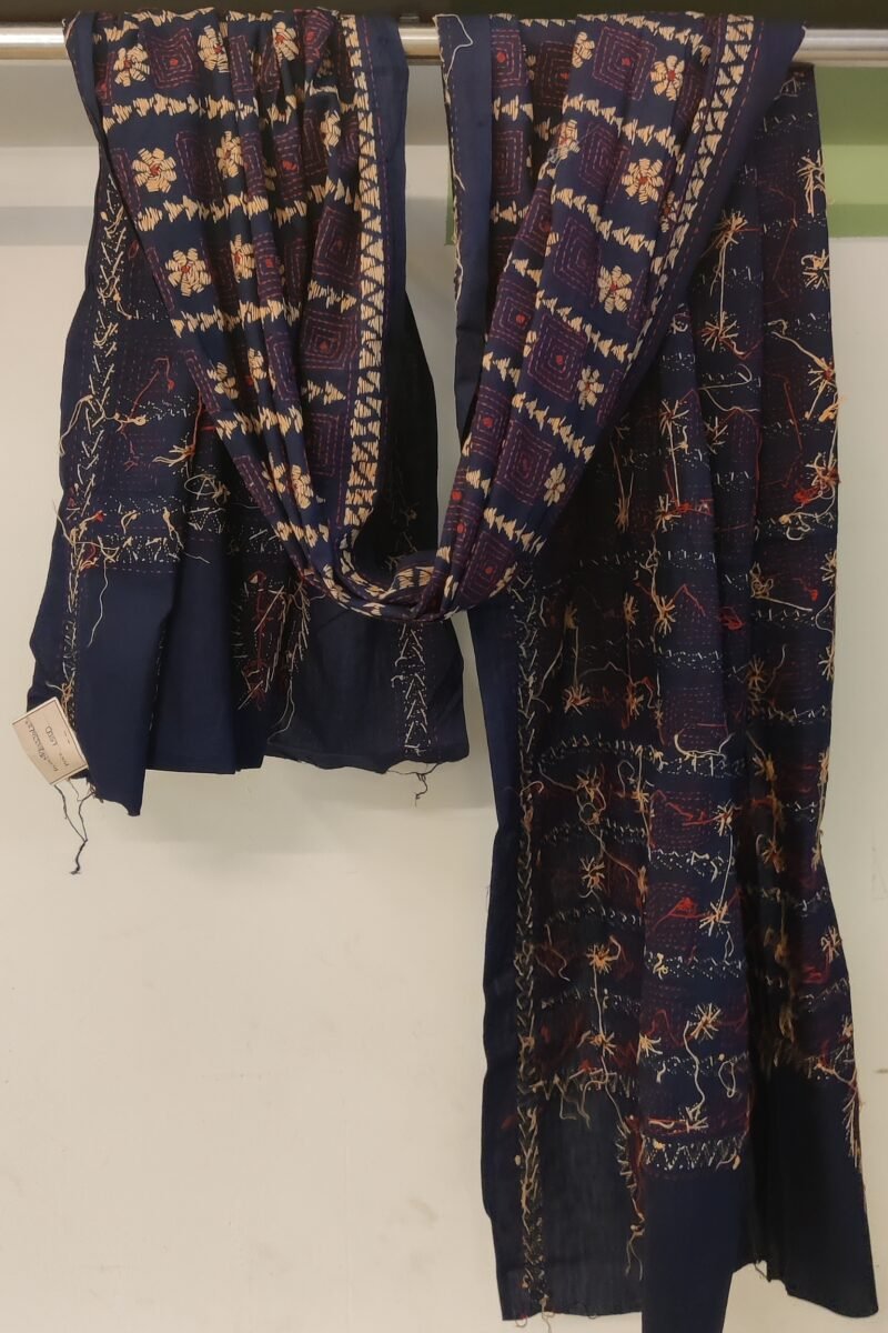 Dreamy Drapes - Navy Blue and Fawn Kantha Cotton Dupatta with Boxed Floral Alternating Motifs