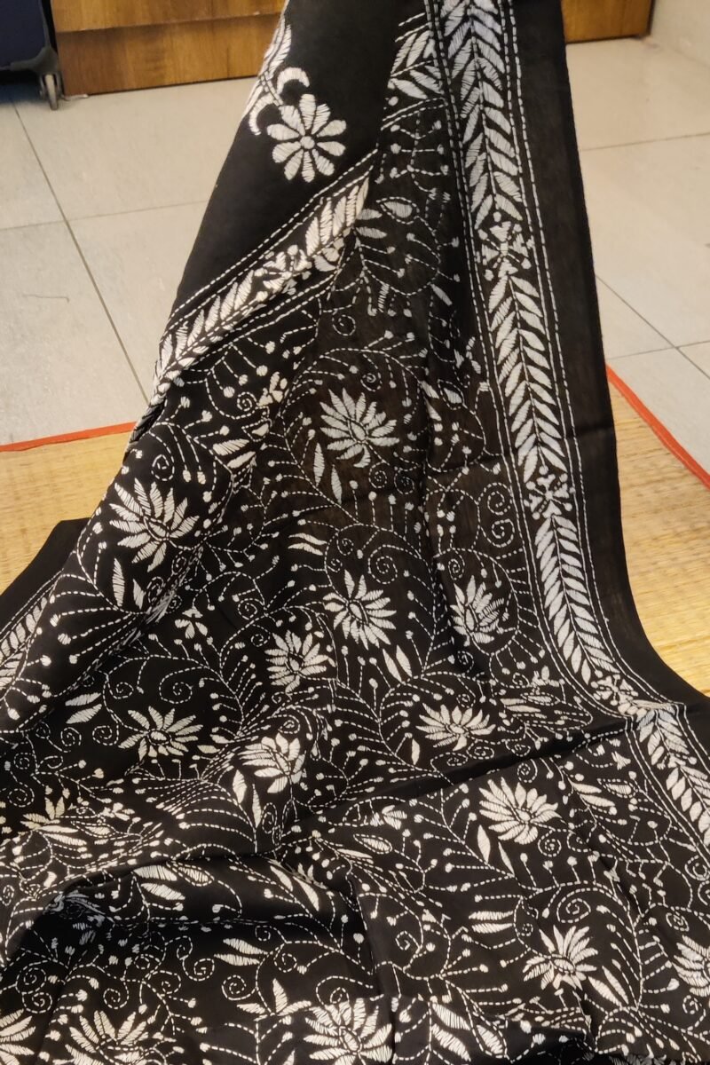 Dreamy Drapes - Black Cotton Kantha Dupatta with White Spiral Stems and Floral Motifs - Image 2