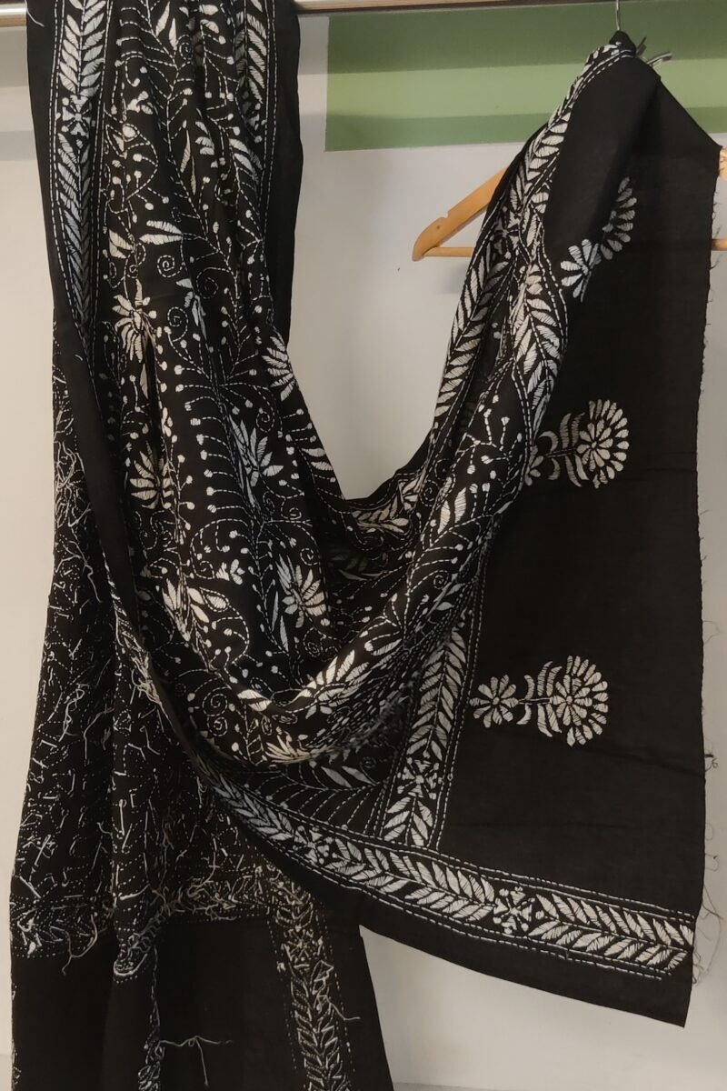 Dreamy Drapes - Black Cotton Kantha Dupatta with White Spiral Stems and Floral Motifs - Image 3