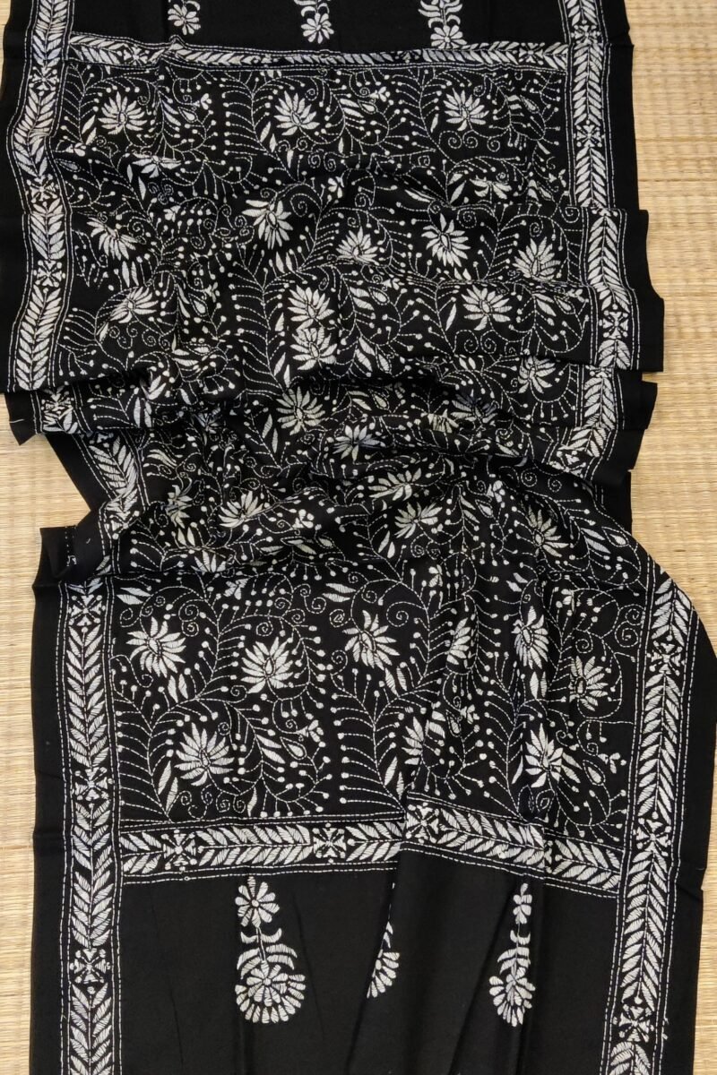 Dreamy Drapes - Black Cotton Kantha Dupatta with White Spiral Stems and Floral Motifs - Image 4