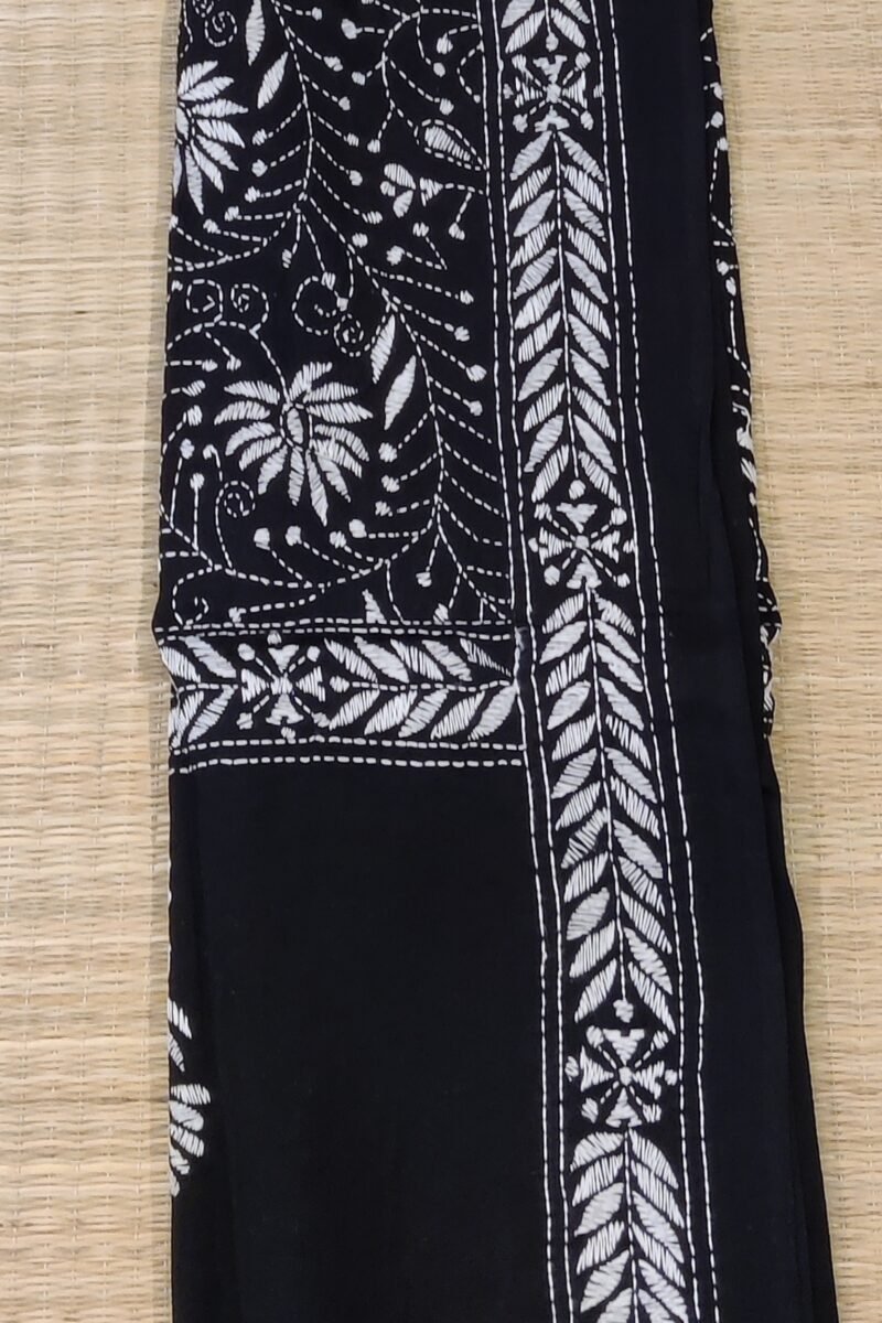 Dreamy Drapes - Black Cotton Kantha Dupatta with White Spiral Stems and Floral Motifs - Image 5