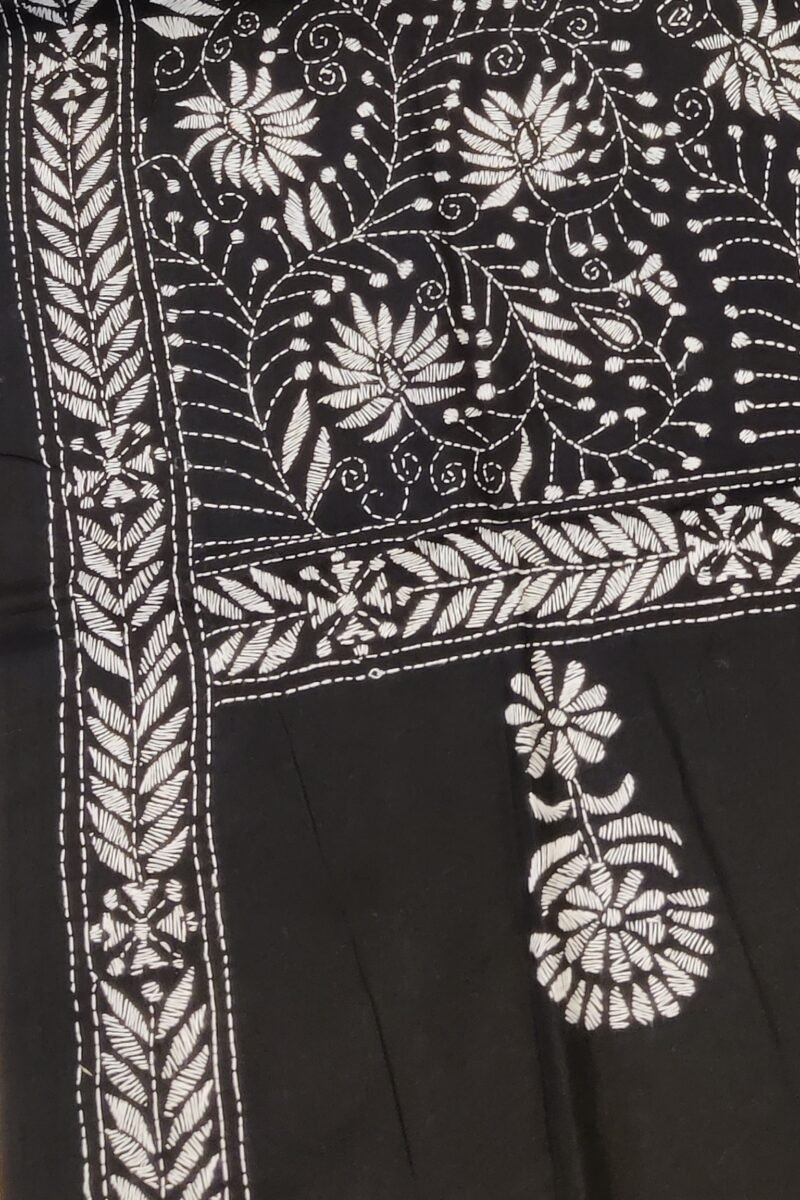 Dreamy Drapes - Black Cotton Kantha Dupatta with White Spiral Stems and Floral Motifs - Image 7