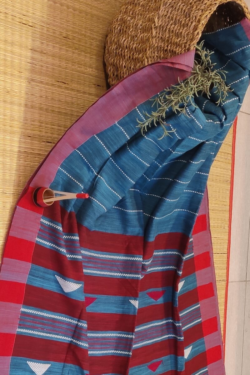 Taant Treasures - Peacock Blue and Red Cotton Handloom Saree with White Line Kantha Stitch - Image 2