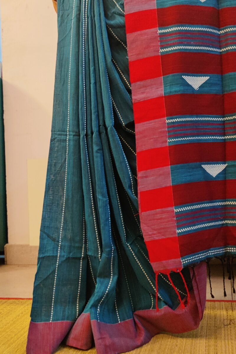 Taant Treasures - Peacock Blue and Red Cotton Handloom Saree with White Line Kantha Stitch - Image 3