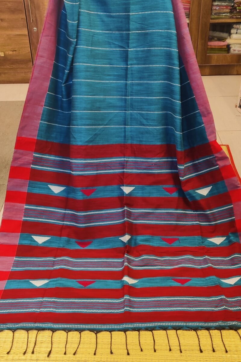Taant Treasures - Peacock Blue and Red Cotton Handloom Saree with White Line Kantha Stitch - Image 4