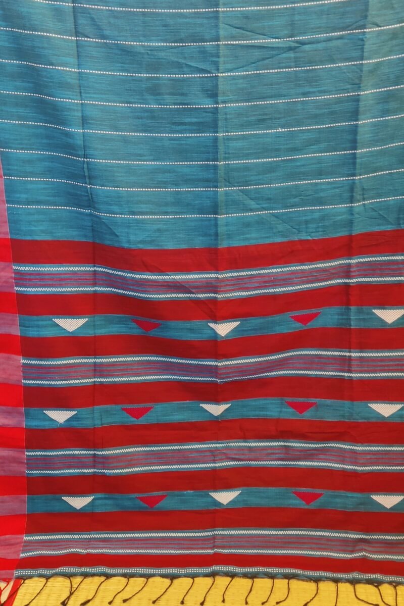 Taant Treasures - Peacock Blue and Red Cotton Handloom Saree with White Line Kantha Stitch - Image 7