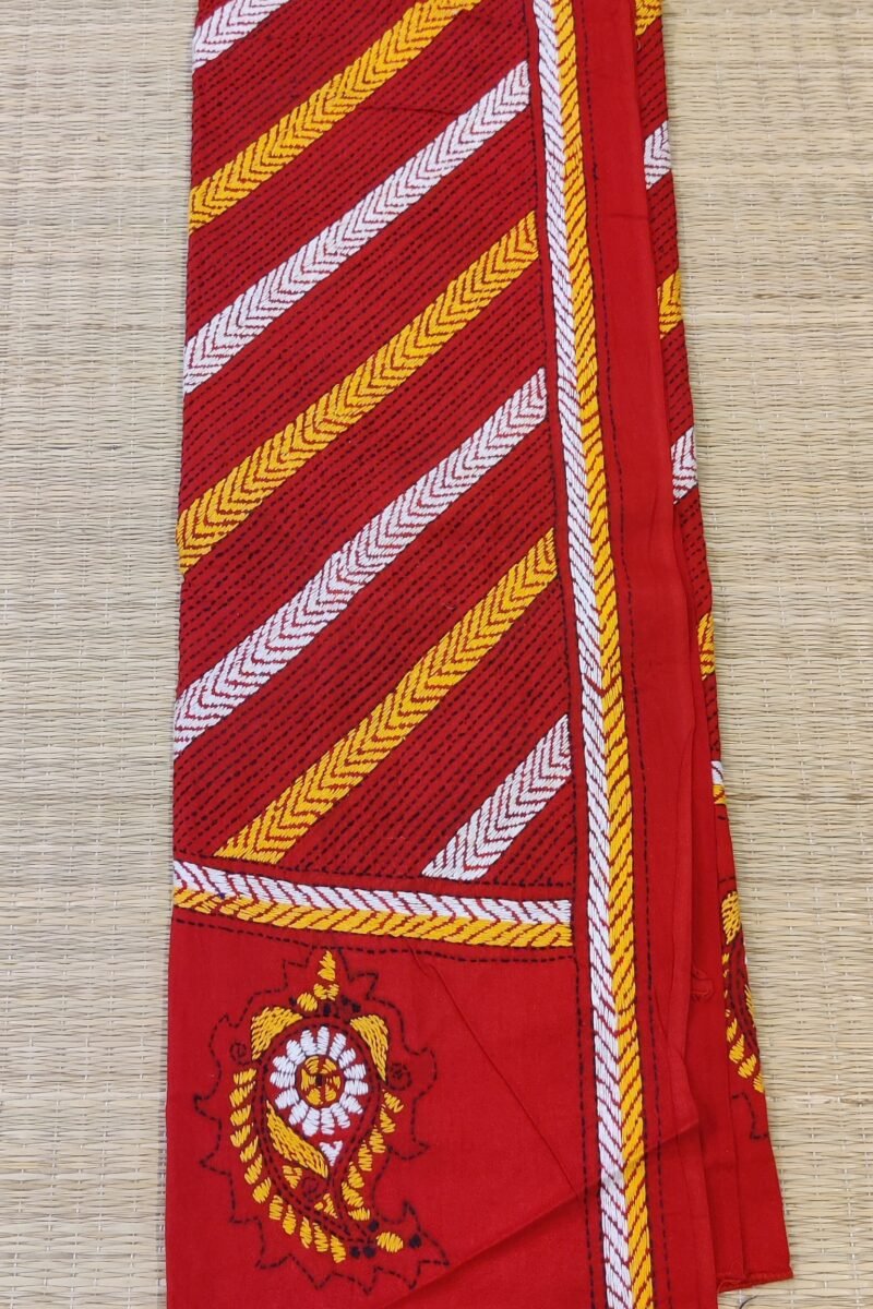 Dreamy Drapes - Red Kantha Cotton Dupatta with Yellow and White Herringbone Inclined Lines - Image 5
