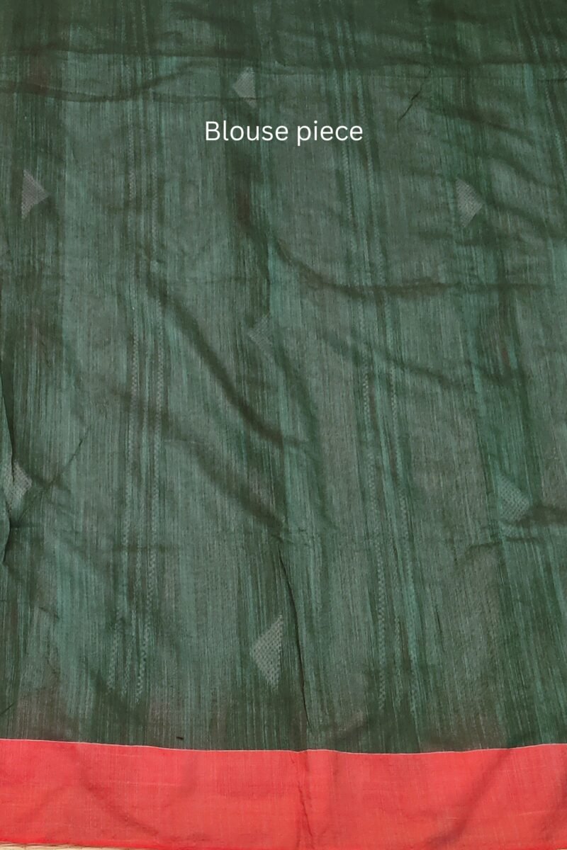 Taant Treasures - Green Taant Cotton Handloom Saree with Red and White Kantha Embroidery - Image 8