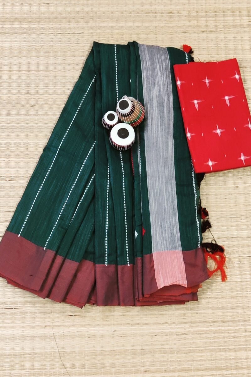 Taant Treasures - Green Taant Cotton Handloom Saree with Red and White Kantha Embroidery