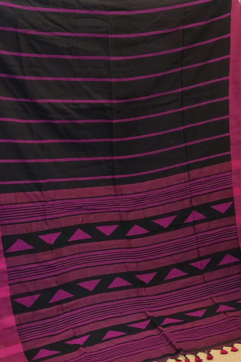 Taant Treasures - Black and Pink Cotton Handloom Saree with Pink Line Kantha Stitch - Image 6
