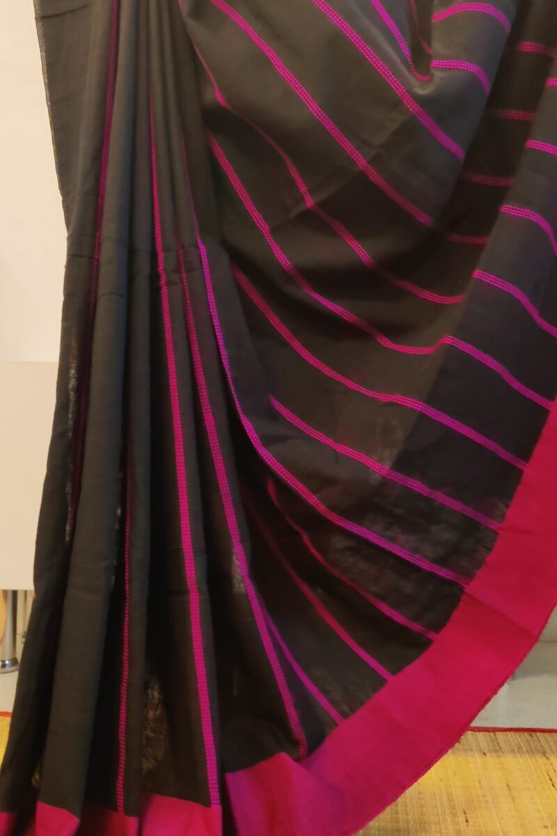Taant Treasures - Black and Pink Cotton Handloom Saree with Pink Line Kantha Stitch - Image 7