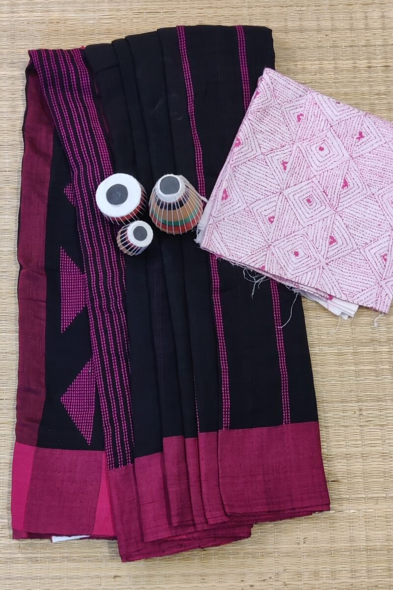 Taant Treasures - Black and Pink Cotton Handloom Saree with Pink Line Kantha Stitch