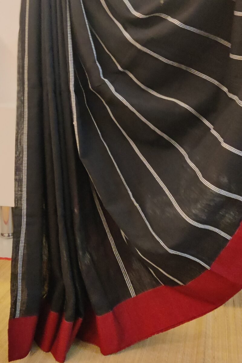 Taant Treasures - Black and Red Cotton Handloom Saree with White Line Kantha Stitch - Image 6