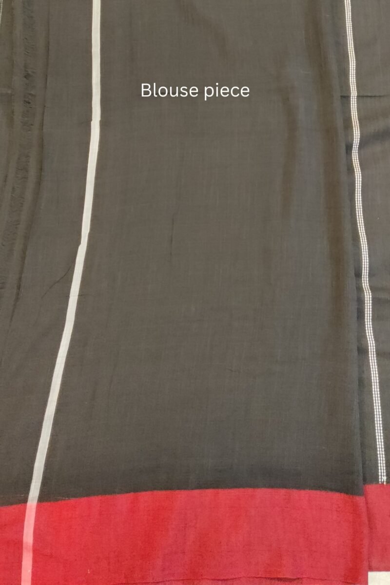 Taant Treasures - Black and Red Cotton Handloom Saree with White Line Kantha Stitch - Image 8