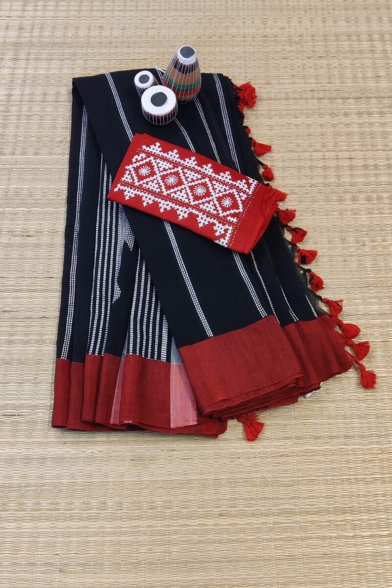 Taant Treasures - Black and Red Cotton Handloom Saree with White Line Kantha Stitch