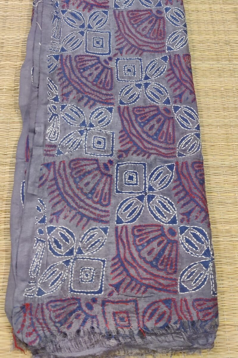 Dreamy Drapes - Grey Tussar Silk Dupatta with Blue Block Print and Kantha Outlines in Red and White - Image 5