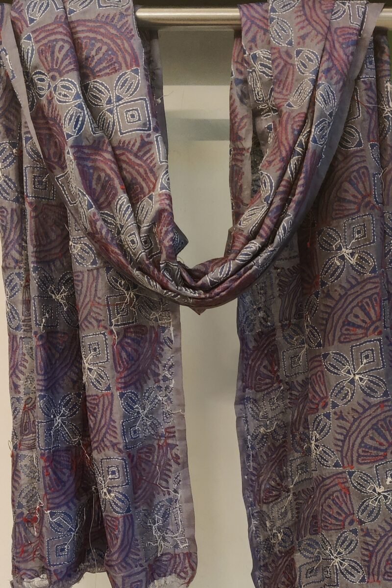 Dreamy Drapes - Grey Tussar Silk Dupatta with Blue Block Print and Kantha Outlines in Red and White