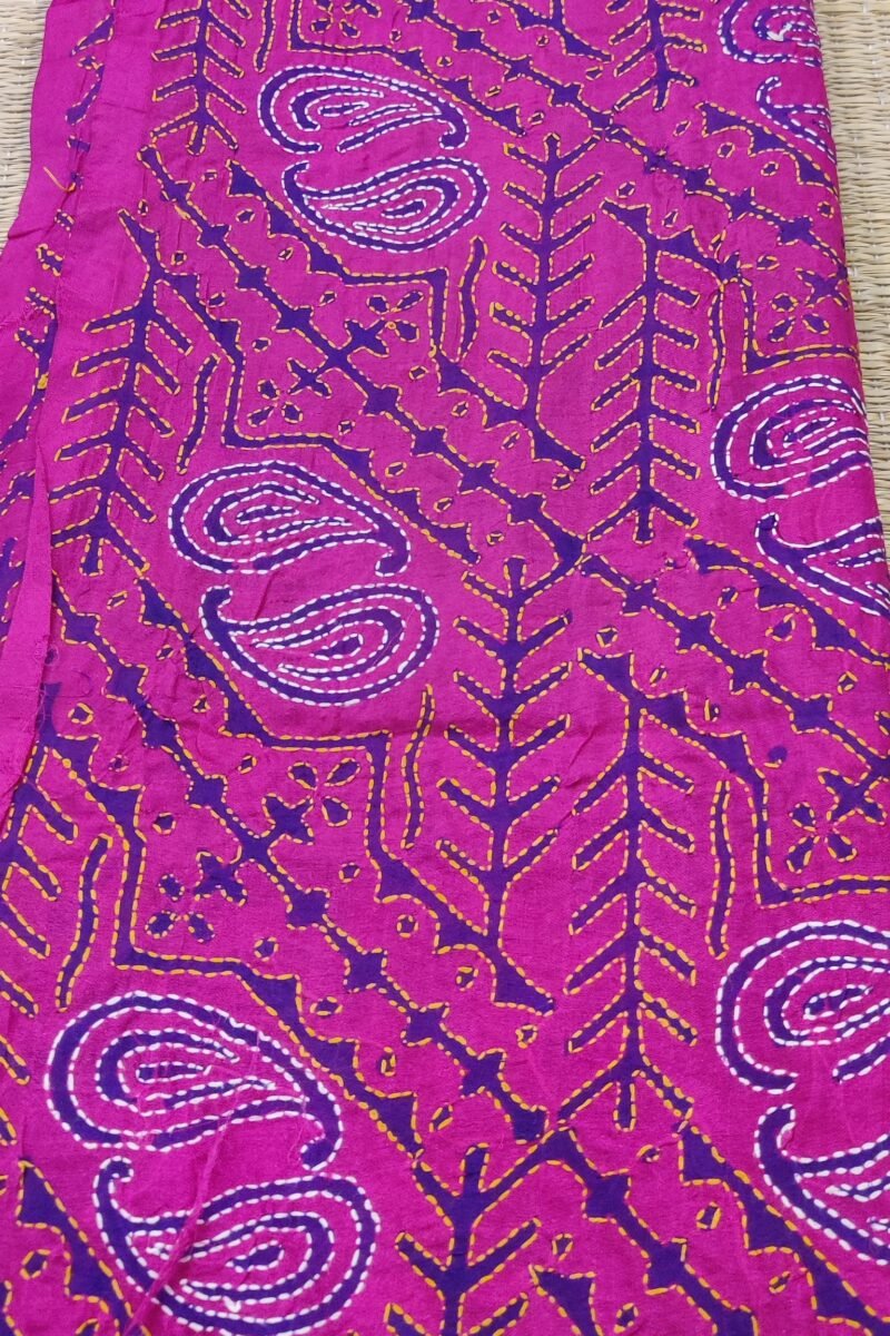 Dreamy Drapes - Hot Pink Tussar Silk Dupatta with Purple Block Print and Kantha Outlined Mango Motifs - Image 5