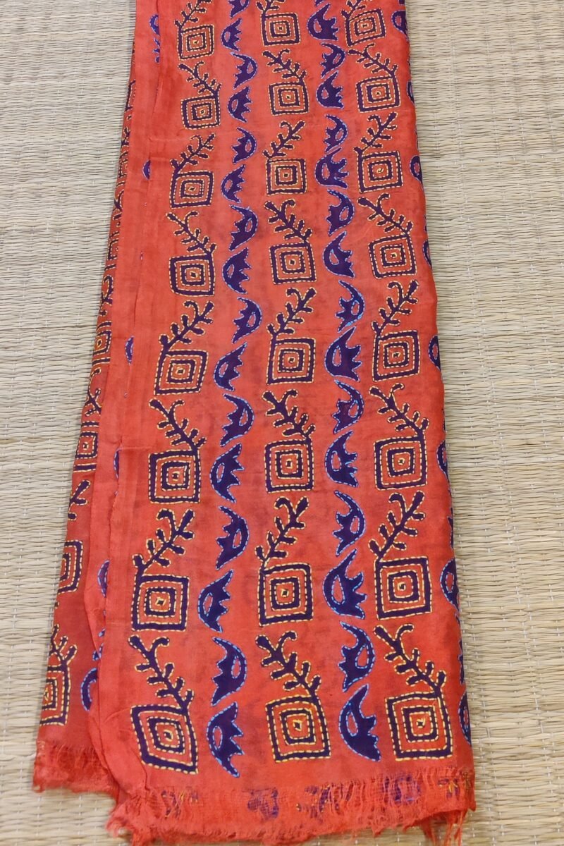Dreamy Drapes - Coral Tussar Silk Dupatta with Purple Block Print and Blue-Yellow Kantha Outlines - Image 5