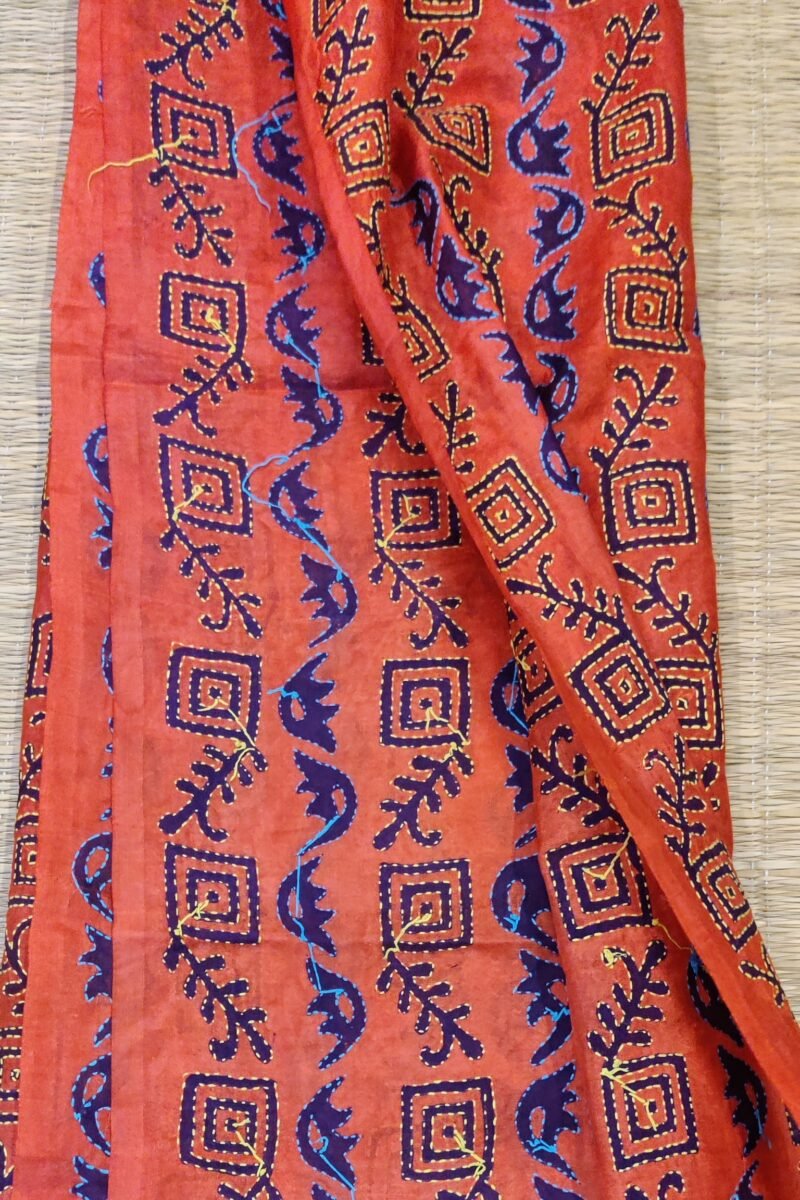 Dreamy Drapes - Coral Tussar Silk Dupatta with Purple Block Print and Blue-Yellow Kantha Outlines - Image 6