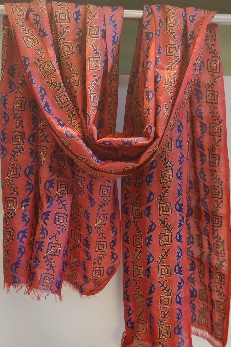 Dreamy Drapes - Coral Tussar Silk Dupatta with Purple Block Print and Blue-Yellow Kantha Outlines