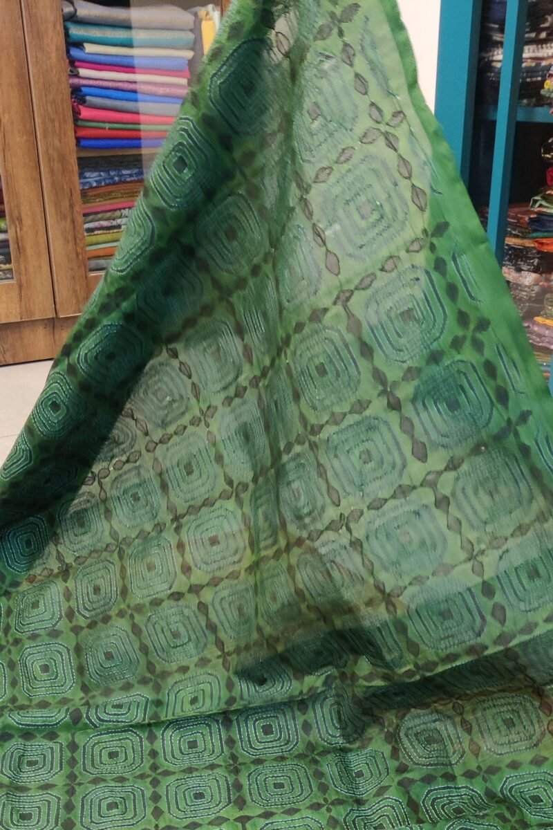 Dreamy Drapes - Dark Green Tussar Silk Dupatta with Black Diamond Motifs and Red-Green Kantha Stitch - Image 2