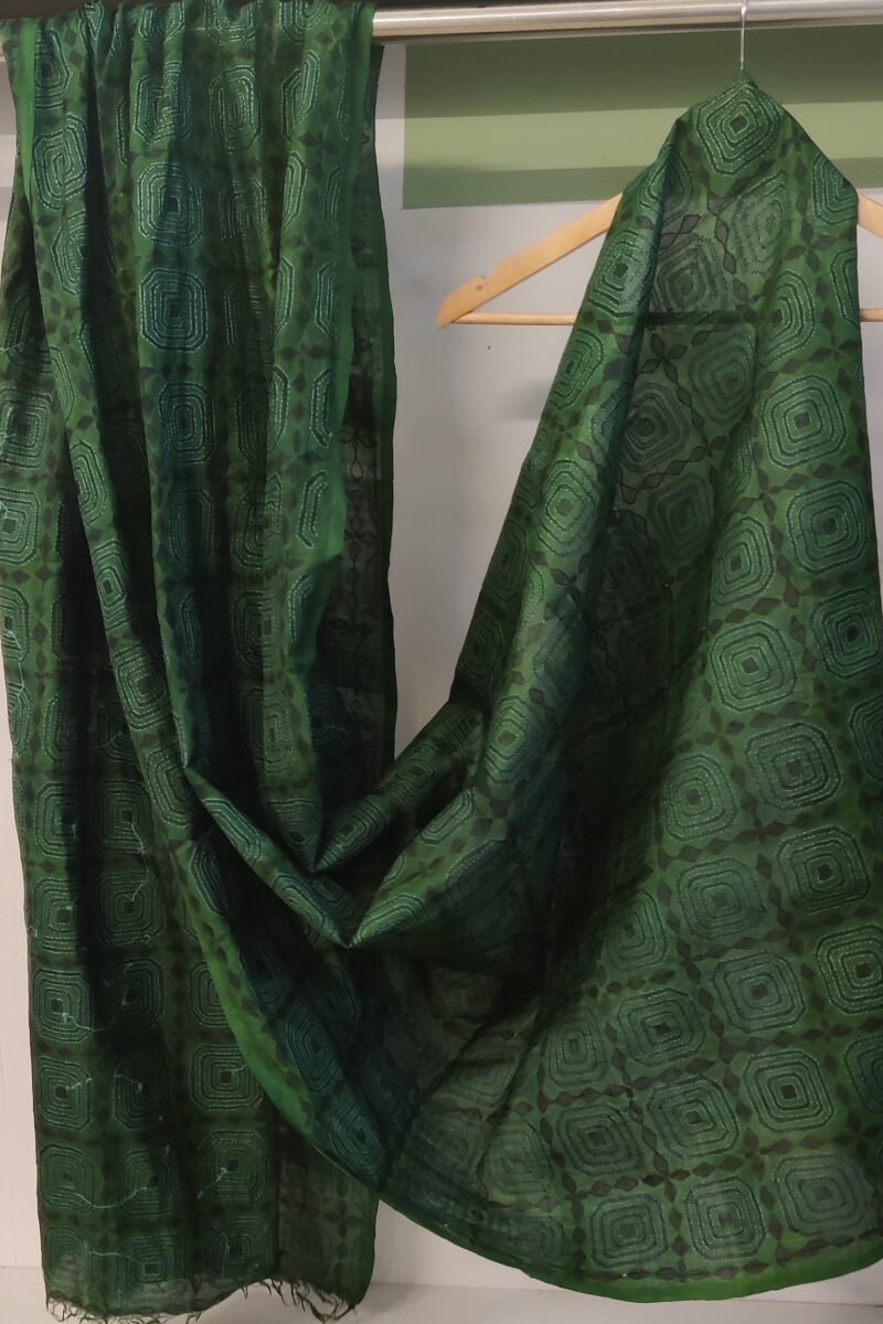 Dreamy Drapes - Dark Green Tussar Silk Dupatta with Black Diamond Motifs and Red-Green Kantha Stitch - Image 3