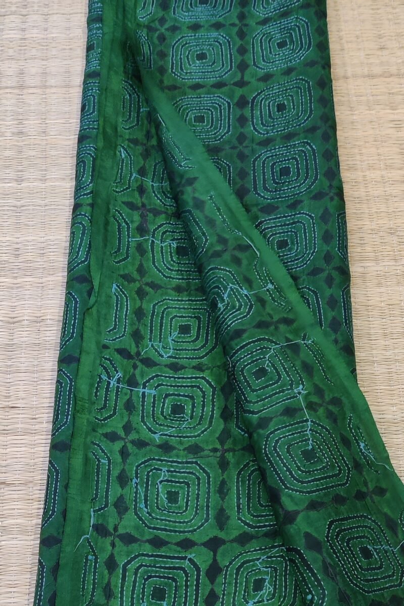 Dreamy Drapes - Dark Green Tussar Silk Dupatta with Black Diamond Motifs and Red-Green Kantha Stitch - Image 6