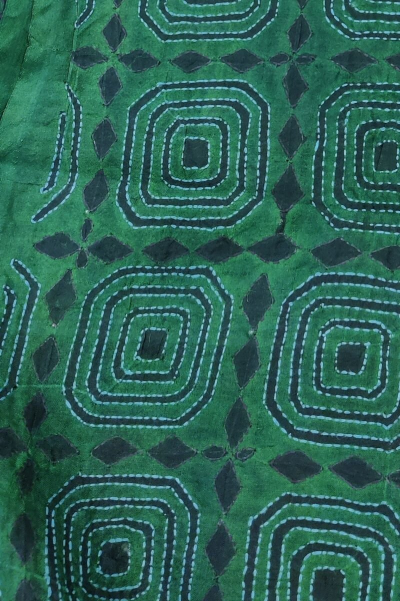 Dreamy Drapes - Dark Green Tussar Silk Dupatta with Black Diamond Motifs and Red-Green Kantha Stitch - Image 7