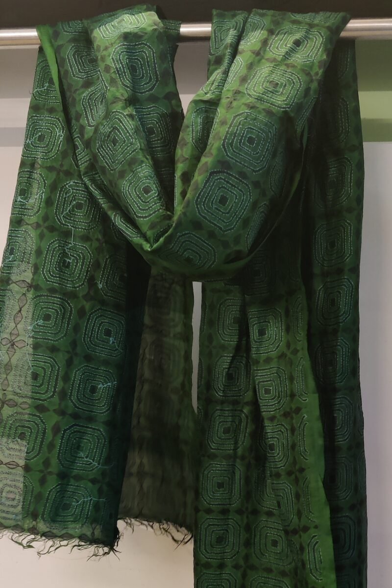 Dreamy Drapes - Dark Green Tussar Silk Dupatta with Black Diamond Motifs and Red-Green Kantha Stitch