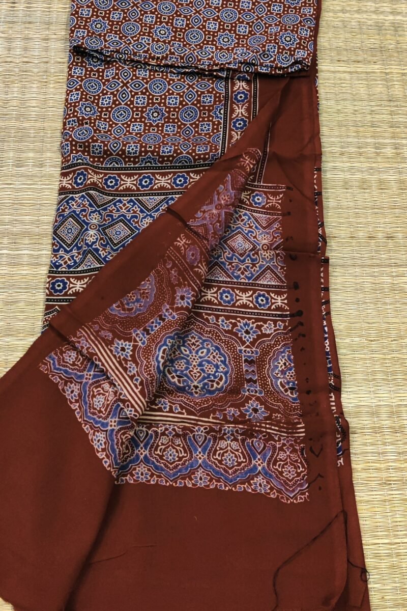Dreamy Drapes - Maroon Traditional Floral & Star Motif Ajrakh Cotton Silk Dupatta - Image 2