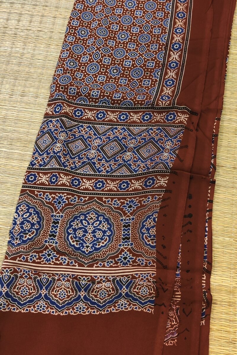 Dreamy Drapes - Maroon Traditional Floral & Star Motif Ajrakh Cotton Silk Dupatta - Image 3