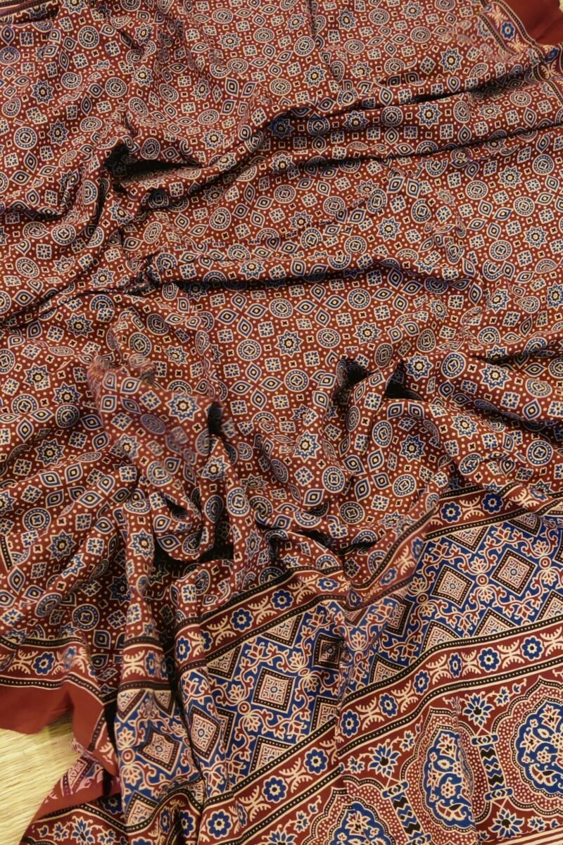 Dreamy Drapes - Maroon Traditional Floral & Star Motif Ajrakh Cotton Silk Dupatta - Image 5
