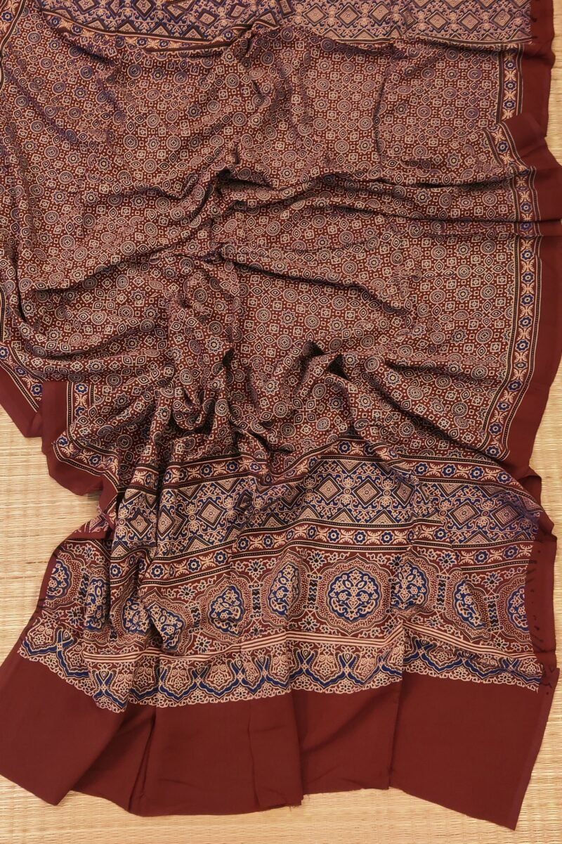 Dreamy Drapes - Maroon Traditional Floral & Star Motif Ajrakh Cotton Silk Dupatta - Image 6