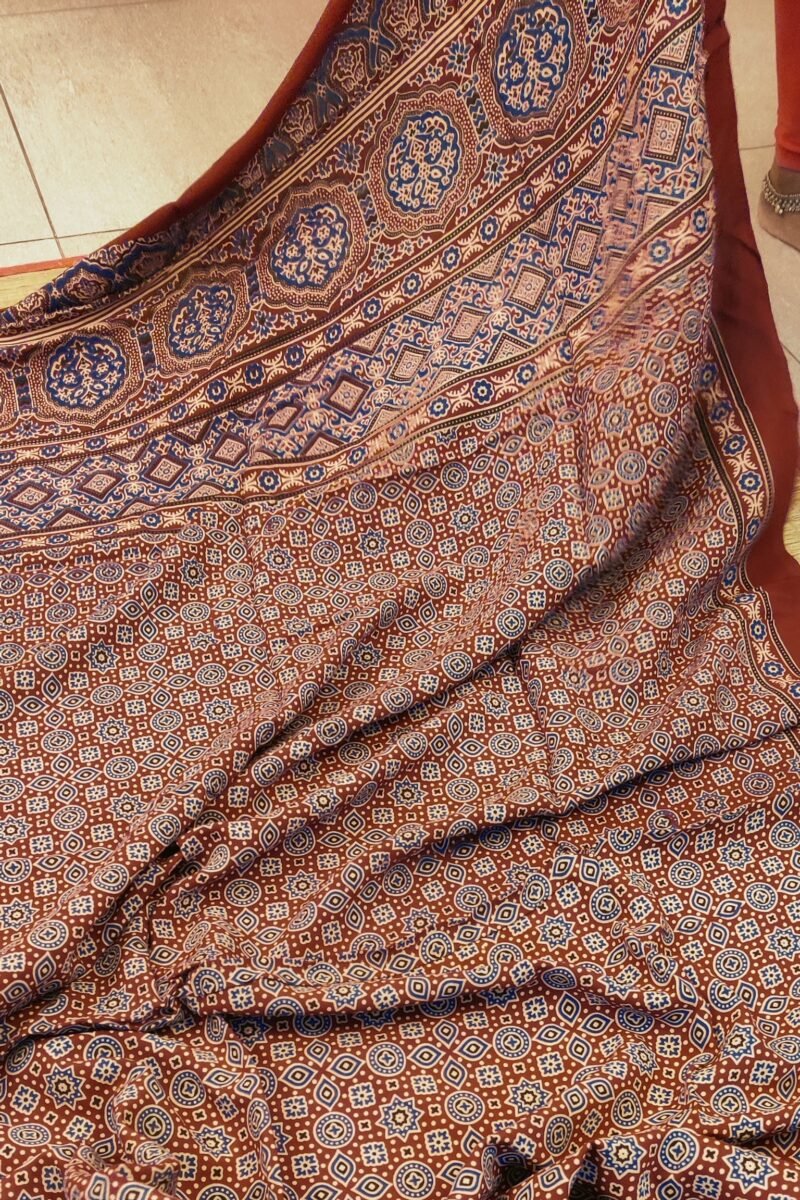 Dreamy Drapes - Maroon Traditional Floral & Star Motif Ajrakh Cotton Silk Dupatta - Image 7