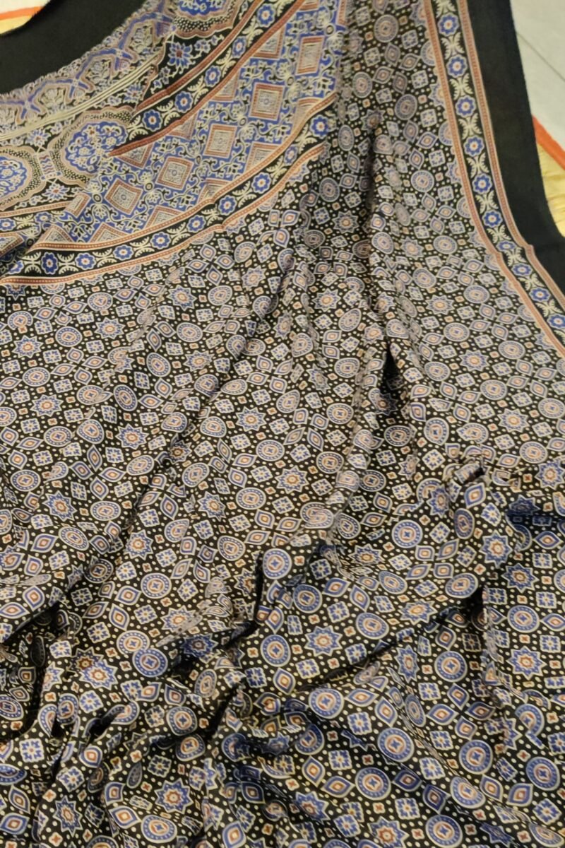 Dreamy Drapes - Black Circular & Arch Patterned Ajrakh Cotton Silk Dupatta - Image 2