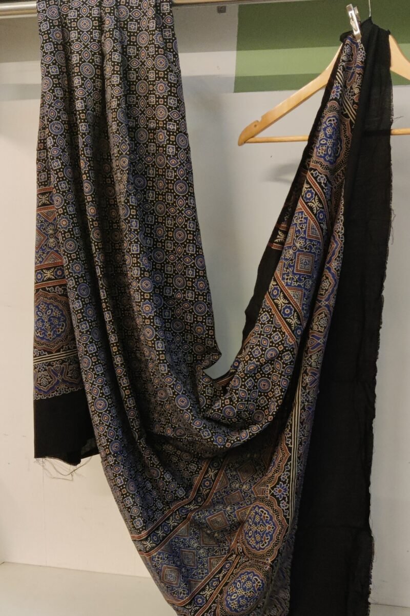 Dreamy Drapes - Black Circular & Arch Patterned Ajrakh Cotton Silk Dupatta - Image 3