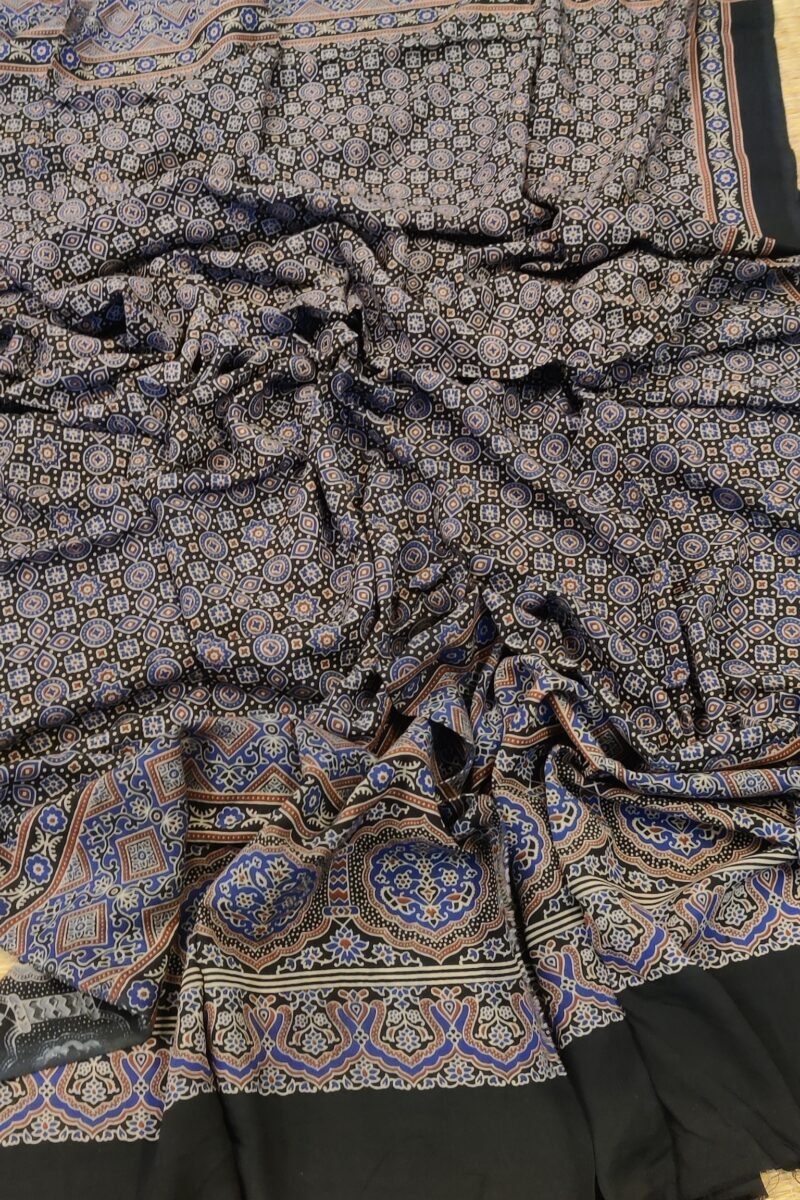 Dreamy Drapes - Black Circular & Arch Patterned Ajrakh Cotton Silk Dupatta - Image 4