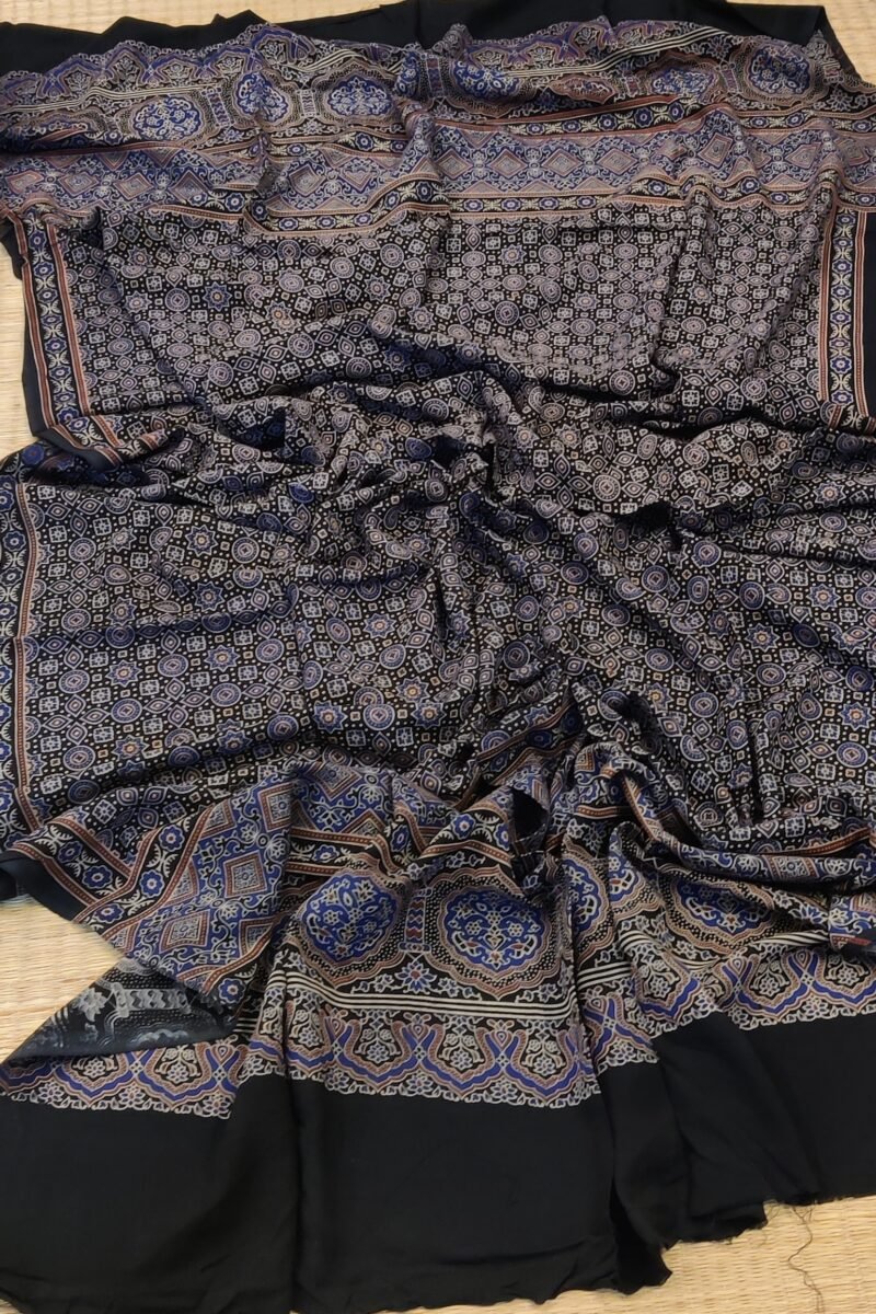 Dreamy Drapes - Black Circular & Arch Patterned Ajrakh Cotton Silk Dupatta - Image 5