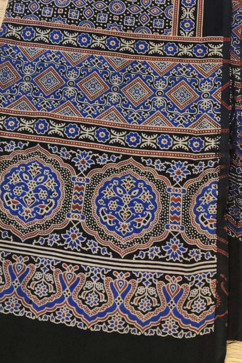 Dreamy Drapes - Black Circular & Arch Patterned Ajrakh Cotton Silk Dupatta - Image 6