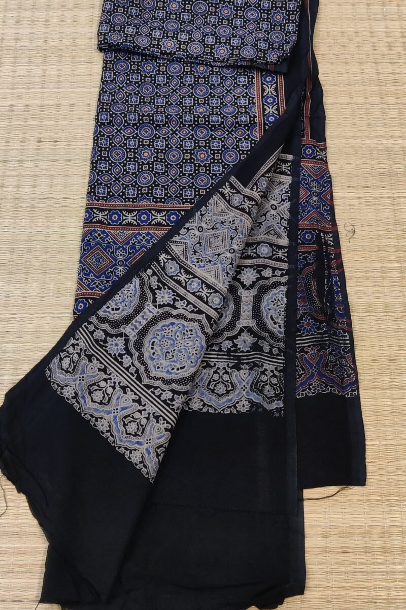 Dreamy Drapes - Black Circular & Arch Patterned Ajrakh Cotton Silk Dupatta - Image 7