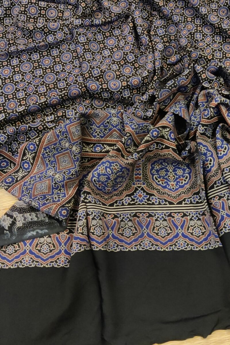 Dreamy Drapes - Black Circular & Arch Patterned Ajrakh Cotton Silk Dupatta - Image 8