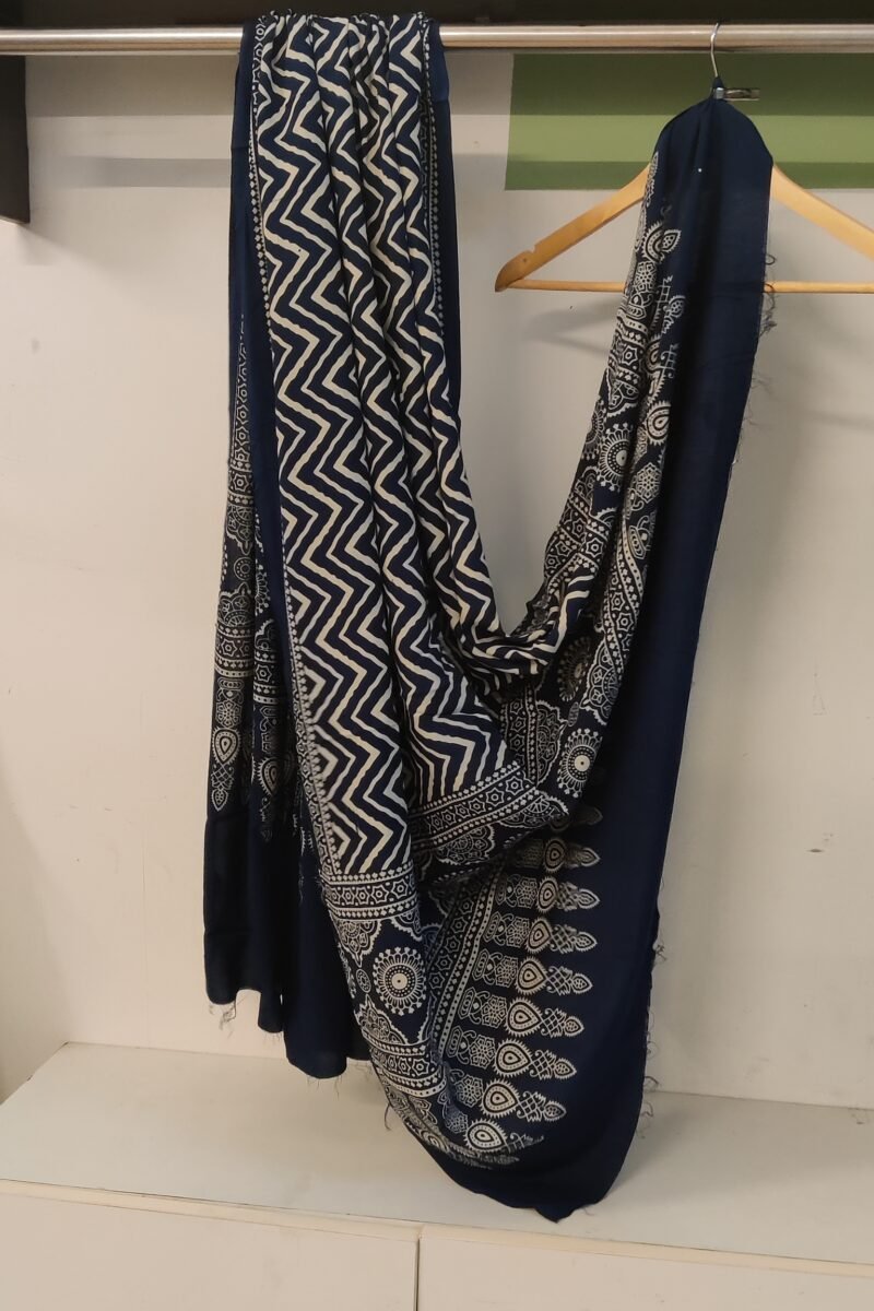 Dreamy Drapes - Indigo Blue Zigzag & Star Motif Ajrakh Cotton Silk Dupatta - Image 3