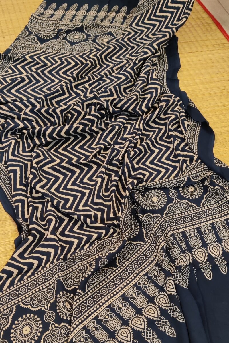 Dreamy Drapes - Indigo Blue Zigzag & Star Motif Ajrakh Cotton Silk Dupatta - Image 4
