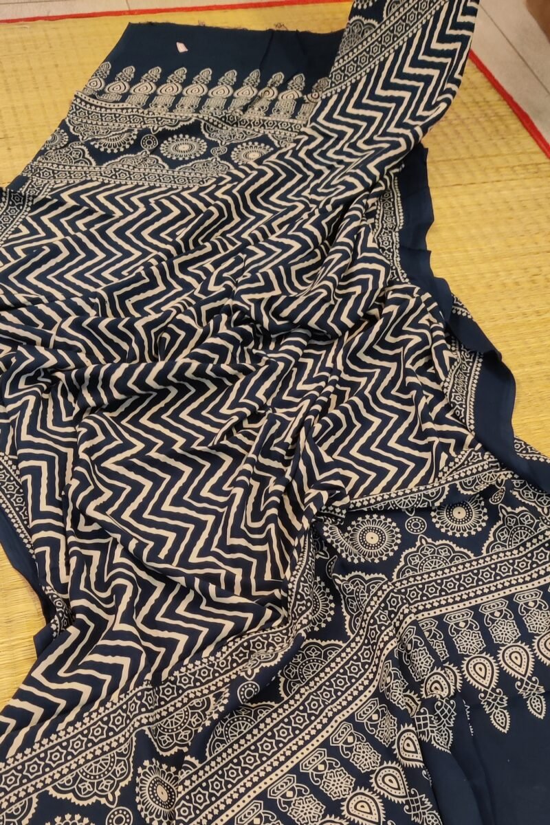 Dreamy Drapes - Indigo Blue Zigzag & Star Motif Ajrakh Cotton Silk Dupatta - Image 6