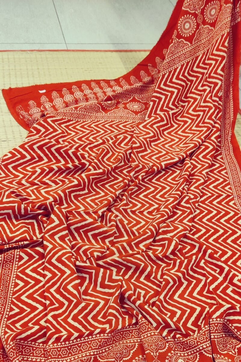 Dreamy Drapes - Red Zigzag & Semi-Circular Motif Ajrakh Cotton Silk Dupatta - Image 2