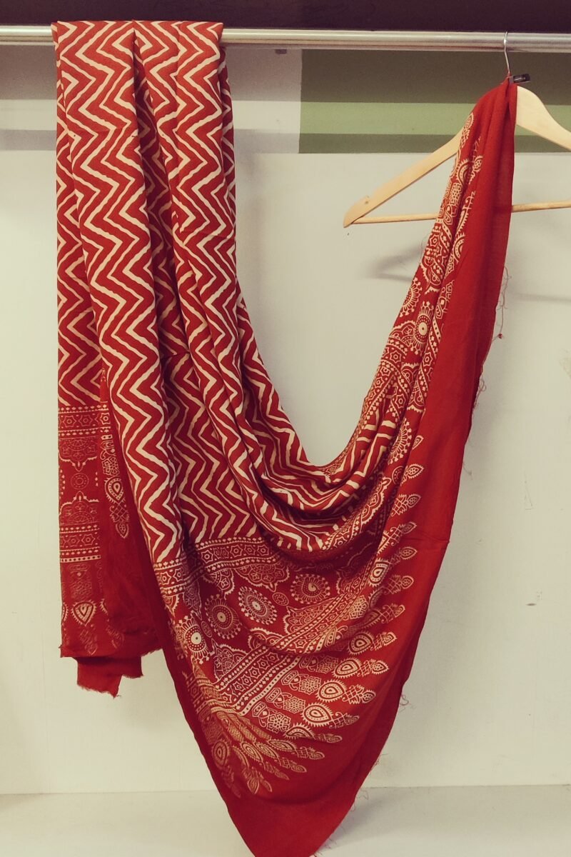 Dreamy Drapes - Red Zigzag & Semi-Circular Motif Ajrakh Cotton Silk Dupatta - Image 3