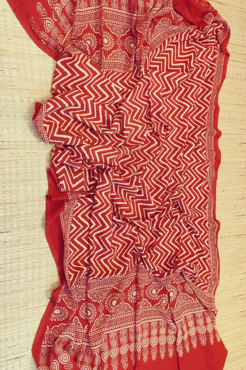 Dreamy Drapes - Red Zigzag & Semi-Circular Motif Ajrakh Cotton Silk Dupatta - Image 4
