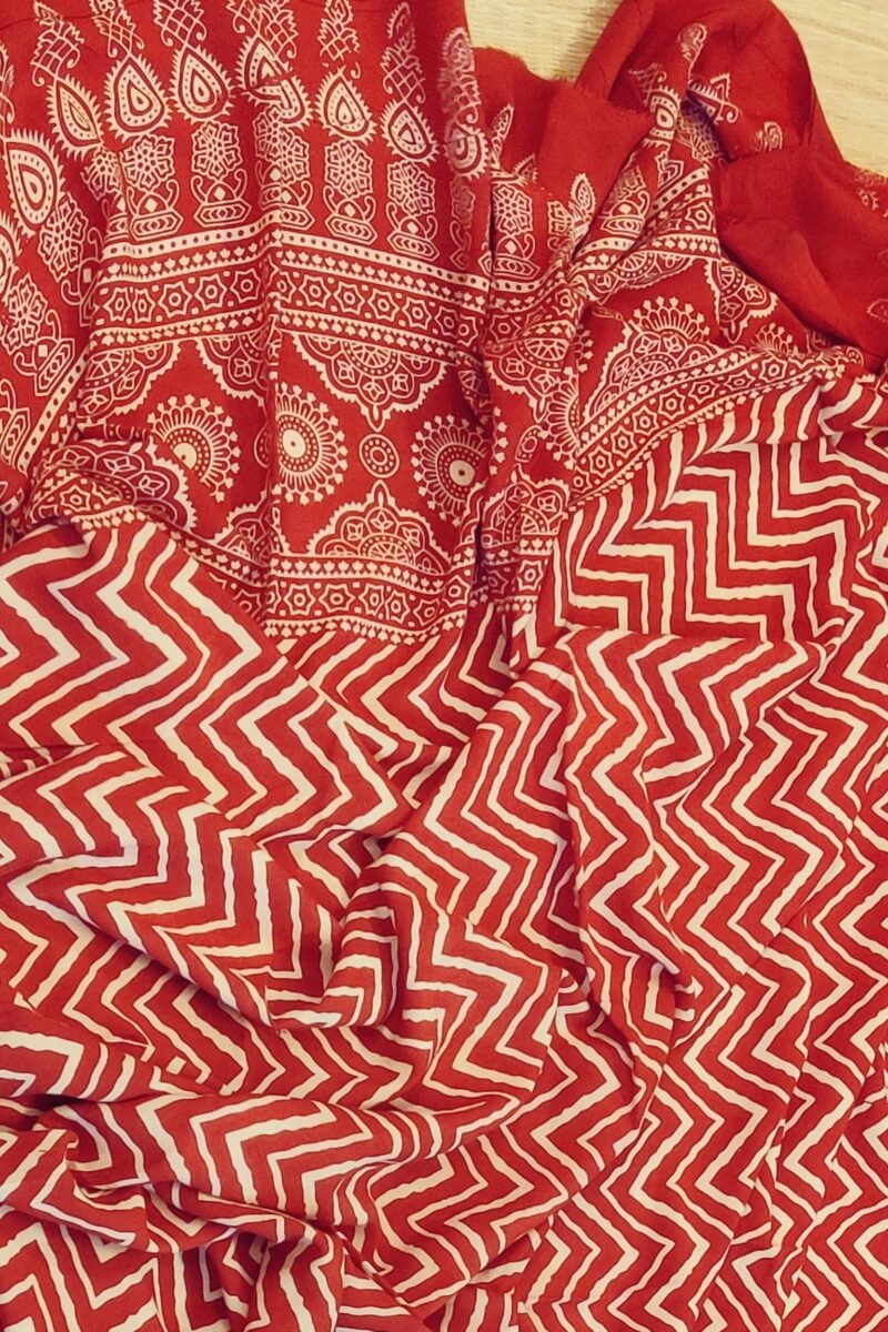 Dreamy Drapes - Red Zigzag & Semi-Circular Motif Ajrakh Cotton Silk Dupatta - Image 7
